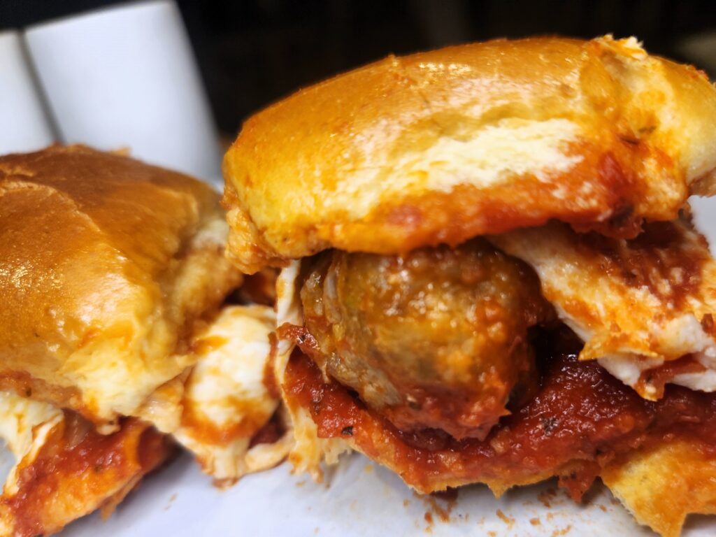 Awesome Meatball Sliders sideview with close up of our Perfect Turkey Meatballs.