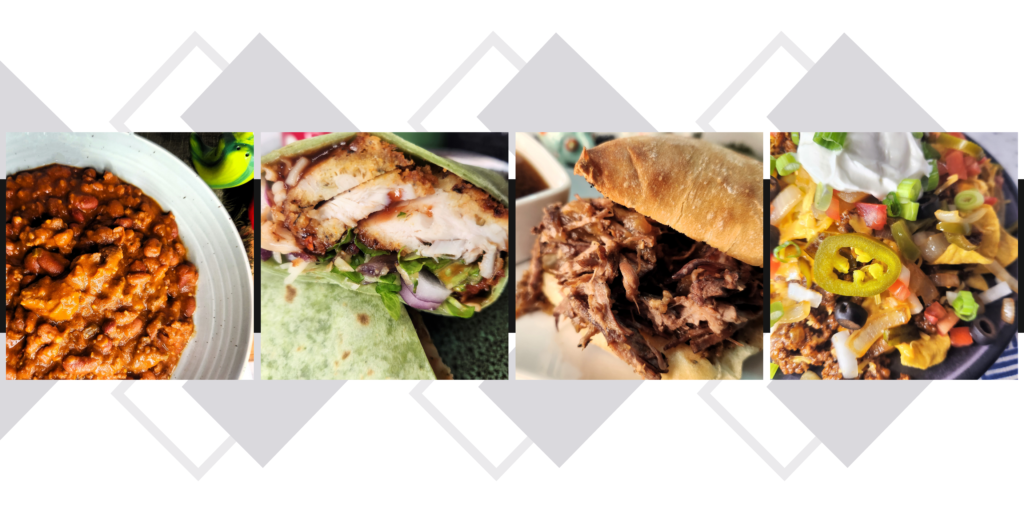 Gameday Main Dishes featuring Delicious Chunky Chili, BBQ Chicken Wraps, Shredded Beef Sandwiches, and Loaded Nachos with Fajita Veggies.