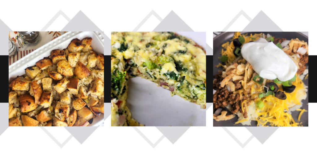 Minda's Favorite Recipes of 2023 include Sourdough Stuffing, Beef Enchilada Baked Potato, and Ham and Veggie Frittata.