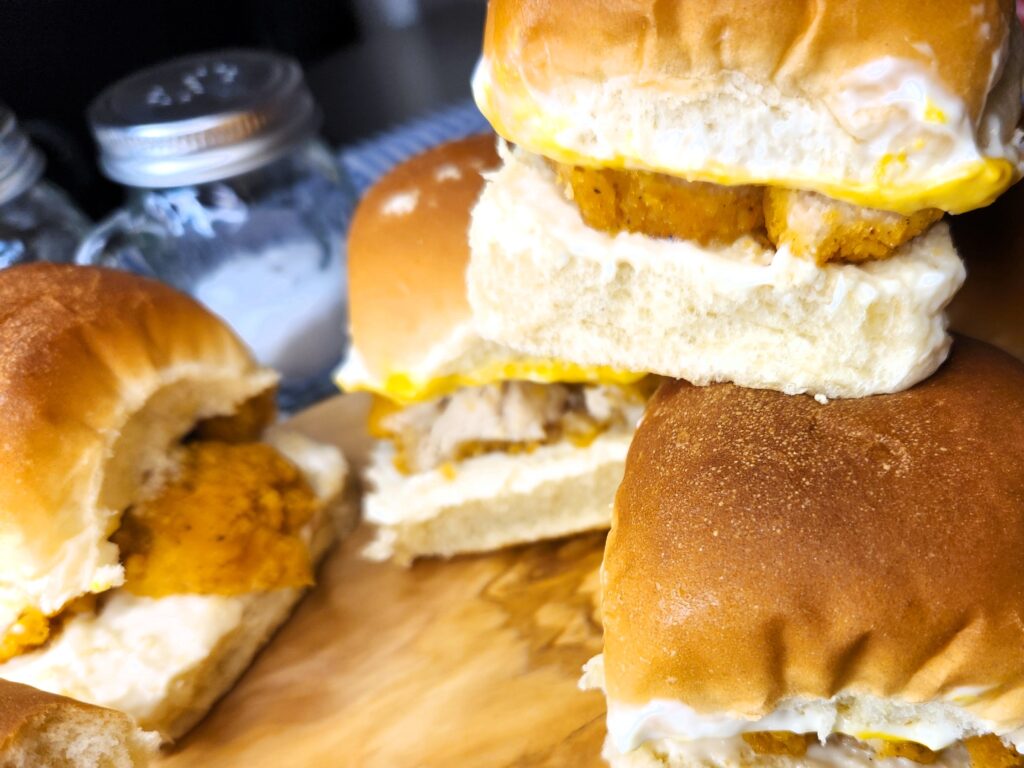 Popcorn Chicken Sliders served and ready to be enjoyed at any potluck or gameday meal.