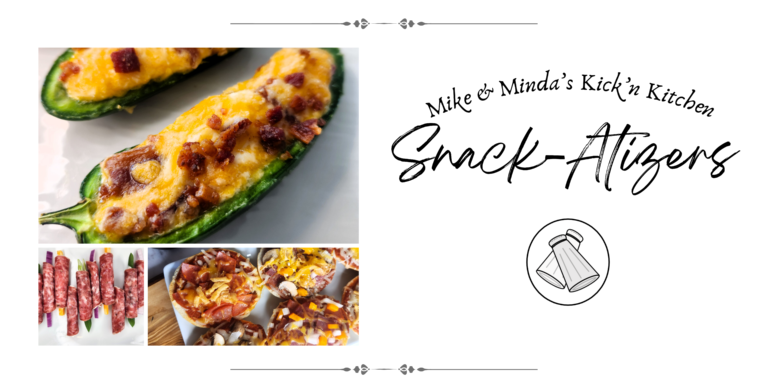 Snack-Atizers banner featuring Cheesy Stuffed Jalapenos, Cream Cheese Salami Rollups, and Copycat Bagel Bites - All About the Toppings.