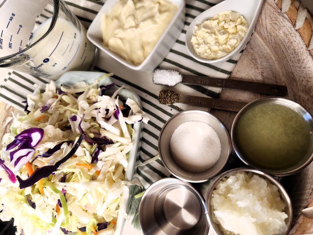 Super Easy Coleslaw ingredients view. Simple to to make with a few ingredients from your cupboards.