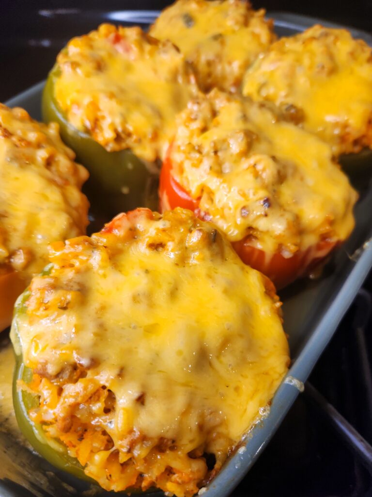 Easy Cheesy Stuffed Bell Peppers right out of the oven