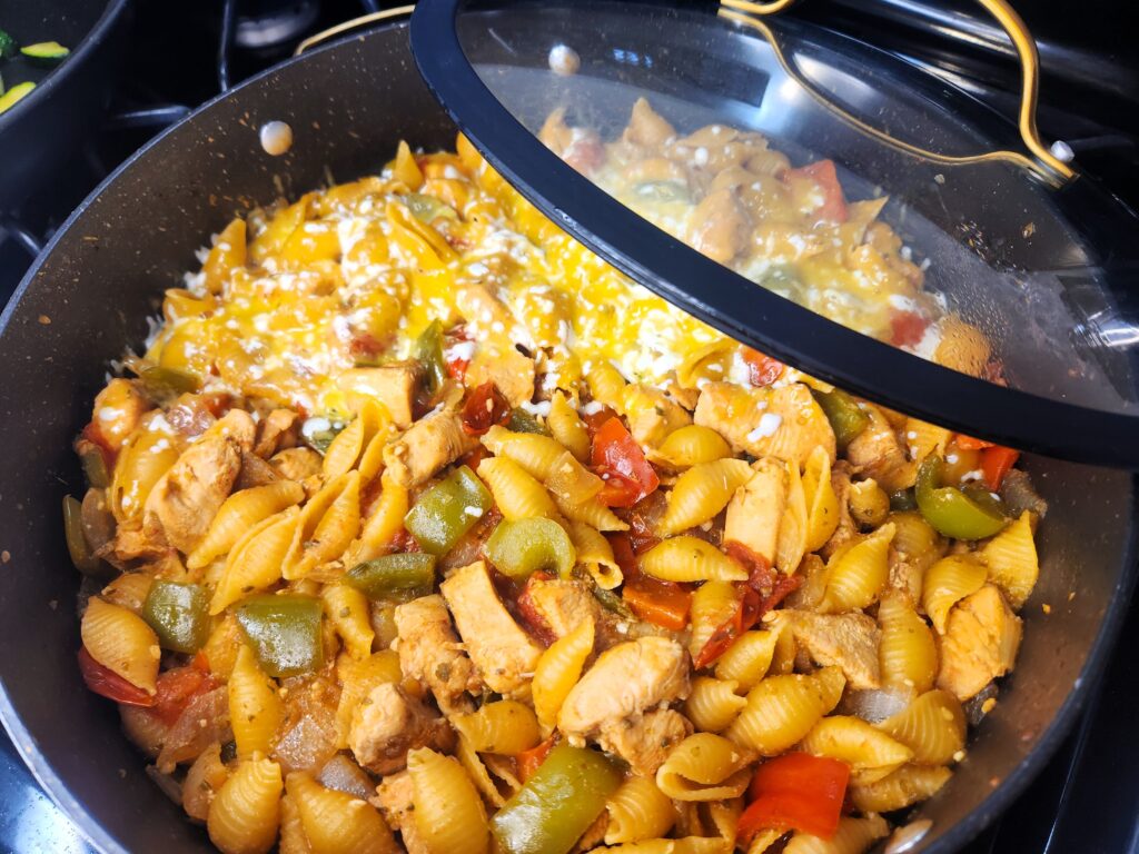 One Pan Chicken Fajita Pasta with melted cheese