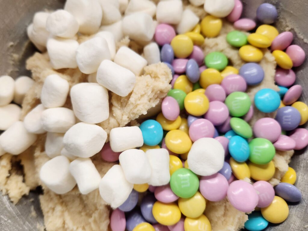 Add in marshmallows and M&Ms for Easter Bunny Cookies