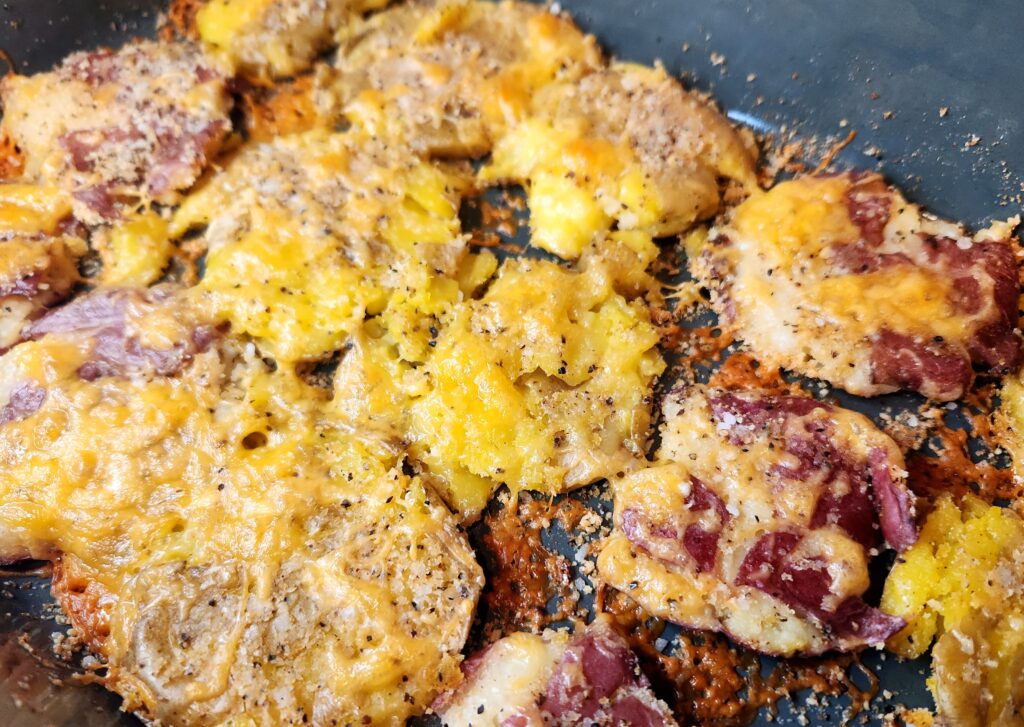 Cheesy Smashed Potatoes just out of the oven