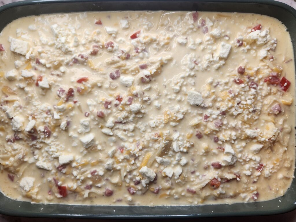 Prepped Hashbrown Breakfast Casserole ready for the oven