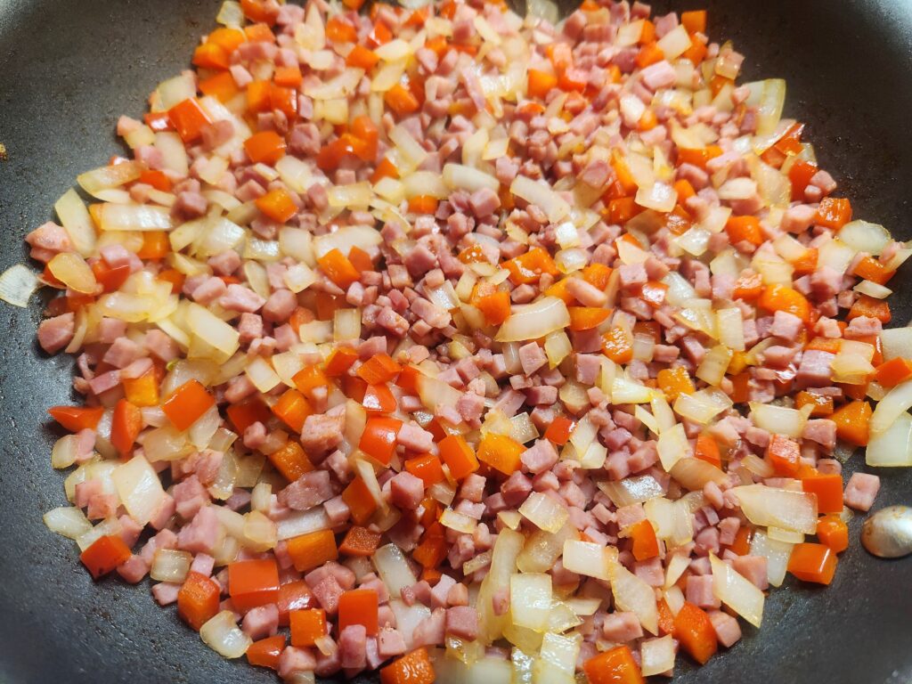 Sauted ham, bell pepper, and onion for Hashbrown Breakfast Casserole