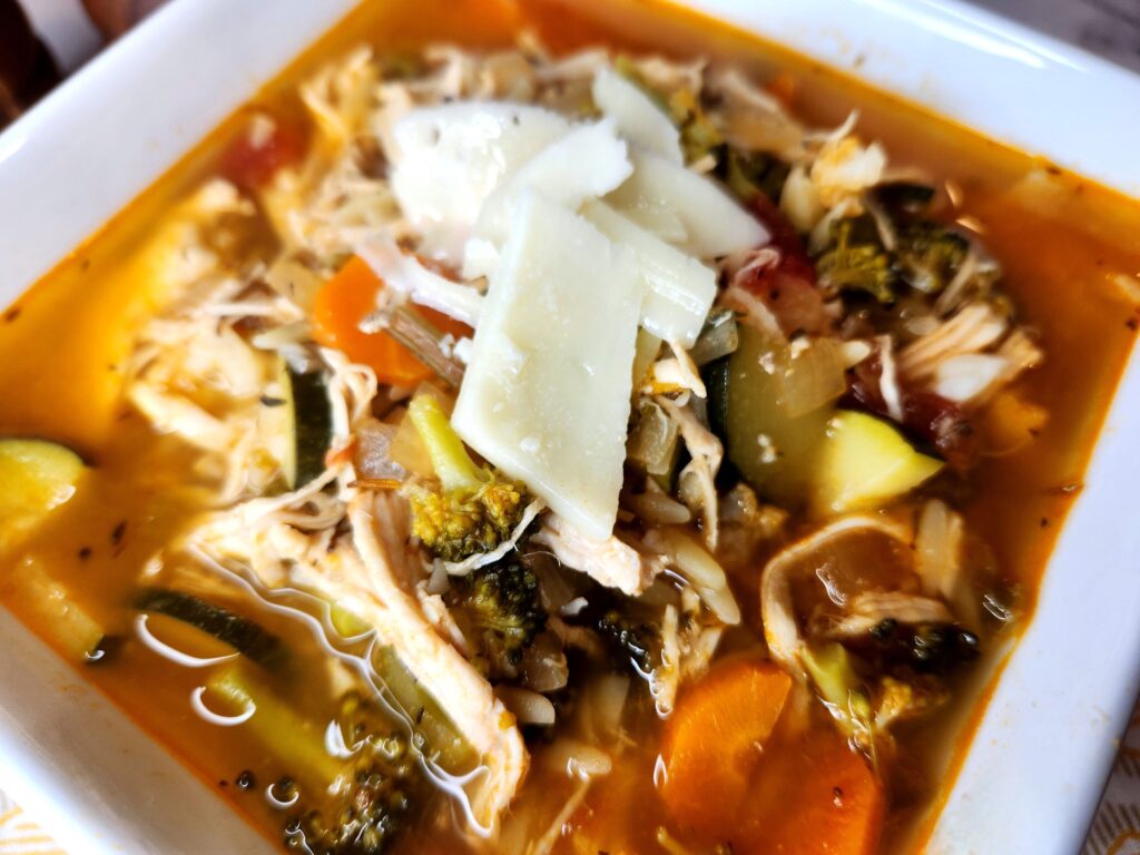 Chicken and Orzo Vegetable Soup ready to eat