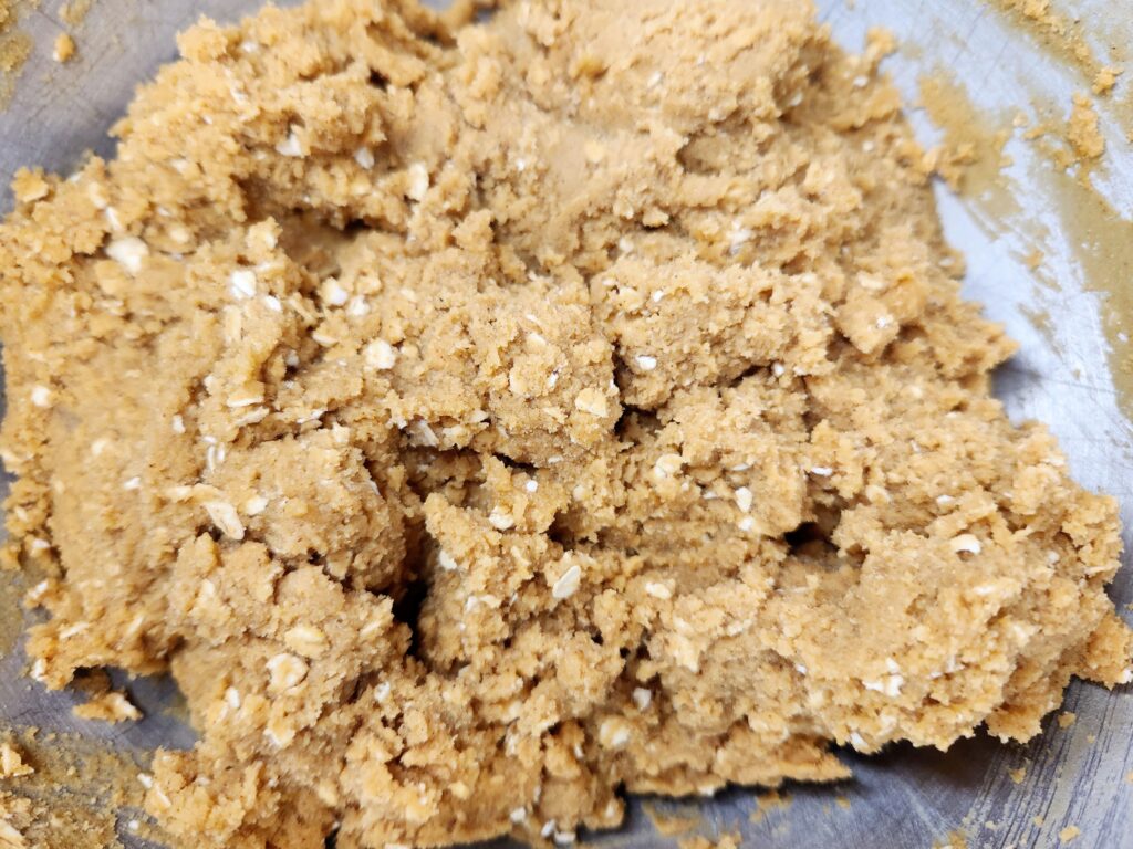 Dry ingredients and oatmeal added to cookie dough
